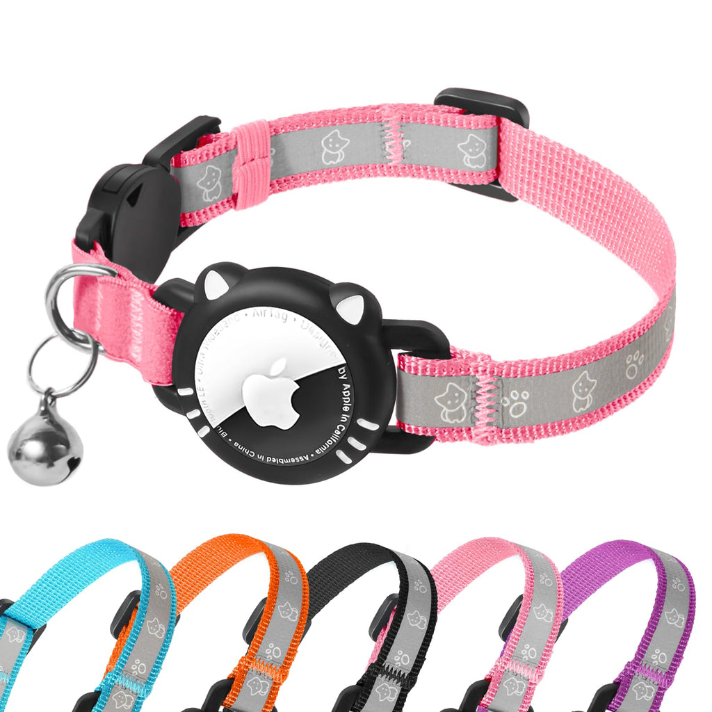 AgoumLux Airtag Cat Collar Reflective Cat Collar with Apple Air Tag Holder Breakaway GPS Tracker Pet Collar with Bell for Cat Kitten Pink S(9-11 Inch)